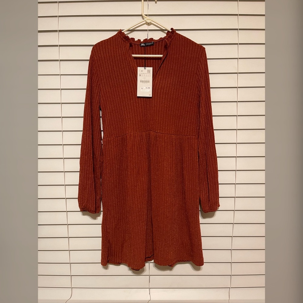 NWT Zara brown textured weave long sleeve dress M